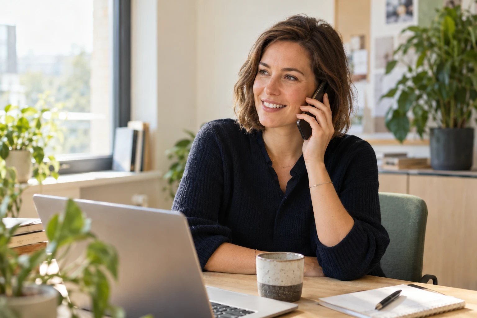 Een recruiter luistert ontspannen naar een kandidaat aan de telefoon
