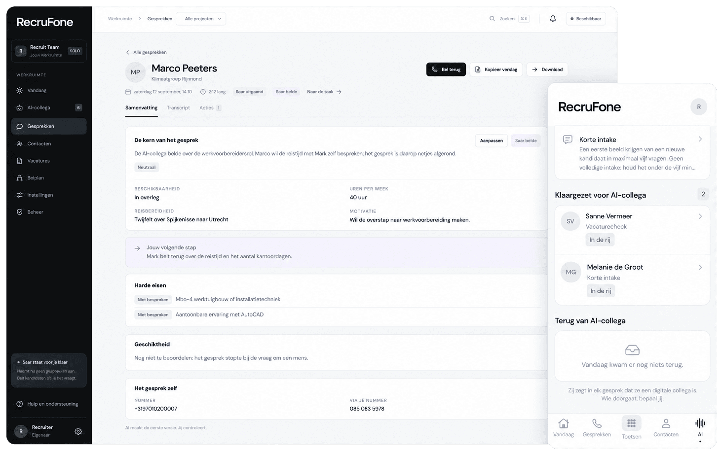Het RecruFone-portaal met het gespreksverslag van kandidaat Marco Peeters, en ernaast de app met de werklijst van de AI-collega