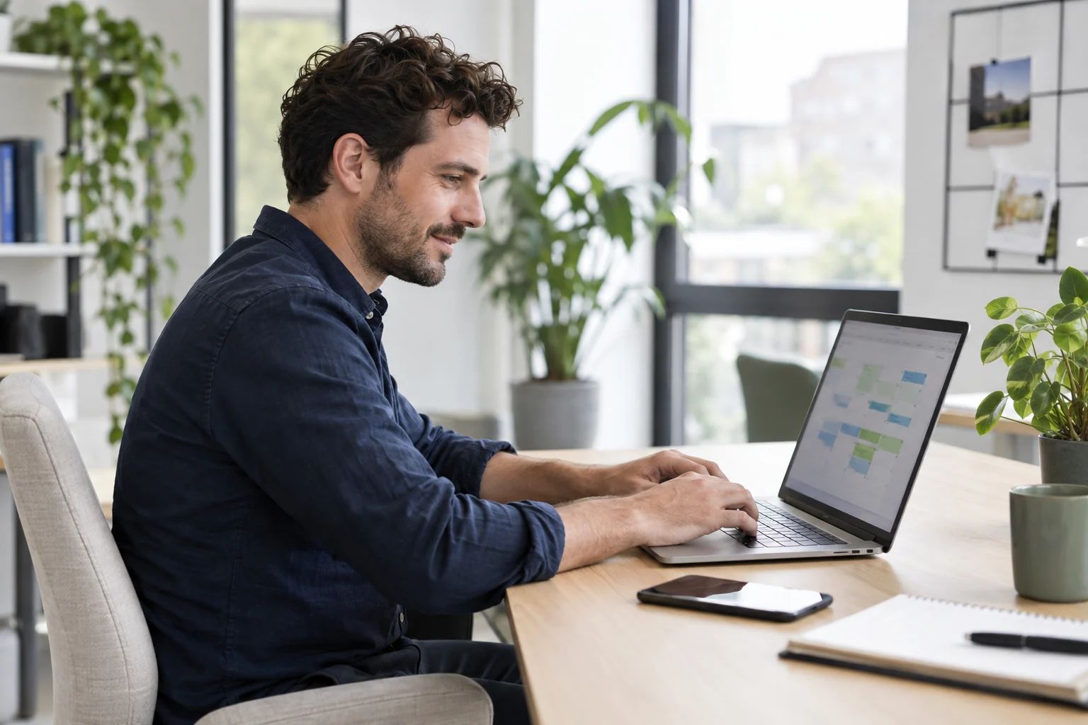 Een recruiter plant werk op zijn laptop met een telefoon naast zich