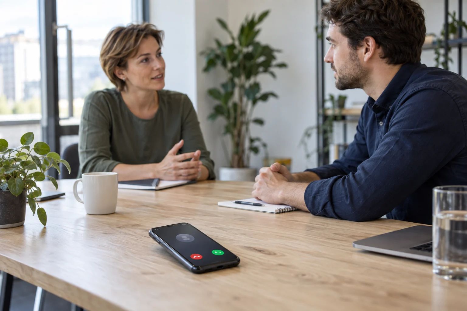 Twee mensen praten aan tafel terwijl het belscherm op een smartphone oplicht