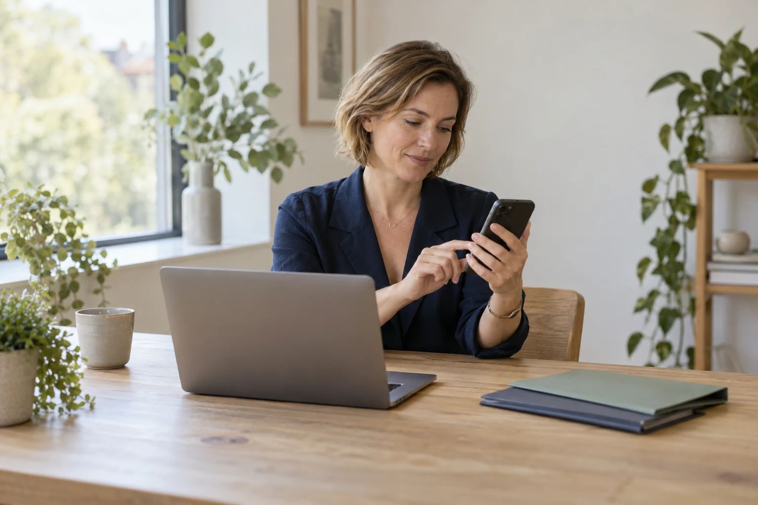 Een zelfstandig recruiter kiest op haar telefoon een zakelijke lijn, met haar laptop en werkmappen naast zich